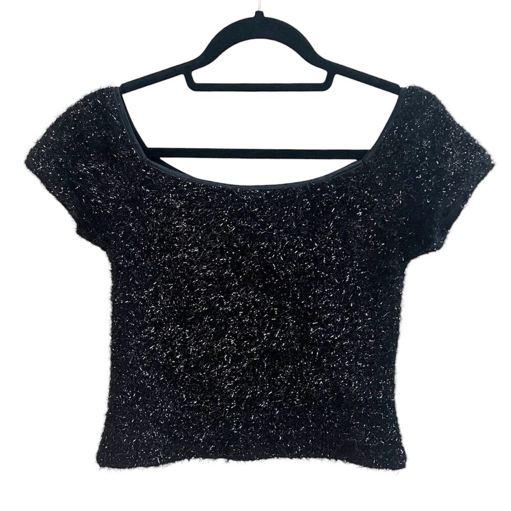 Alexia Admor NY Cropped Top Soft Metallic Shaggy Fuzzy stretch blouse Sz L